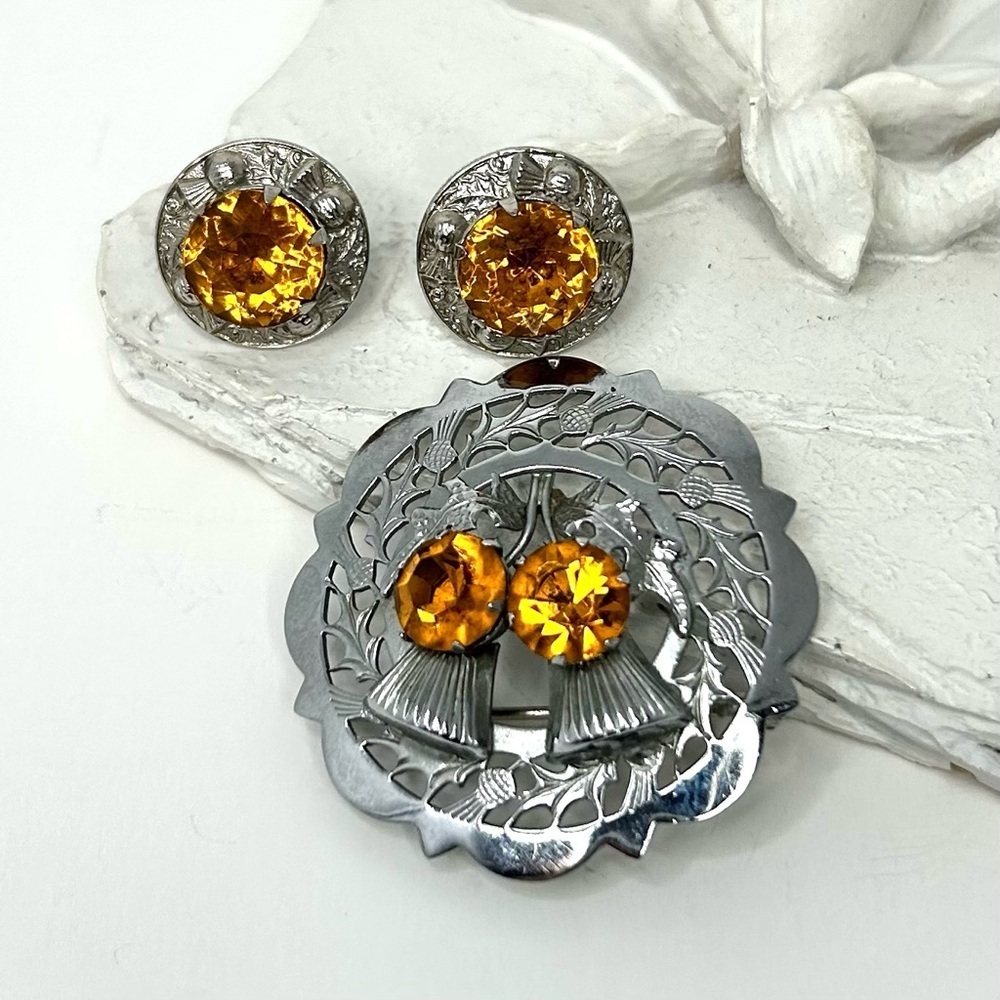 Ward Bros. Mizpah Rhinestone Scottish Silver-Tone Brooch & Screw Back Earrings